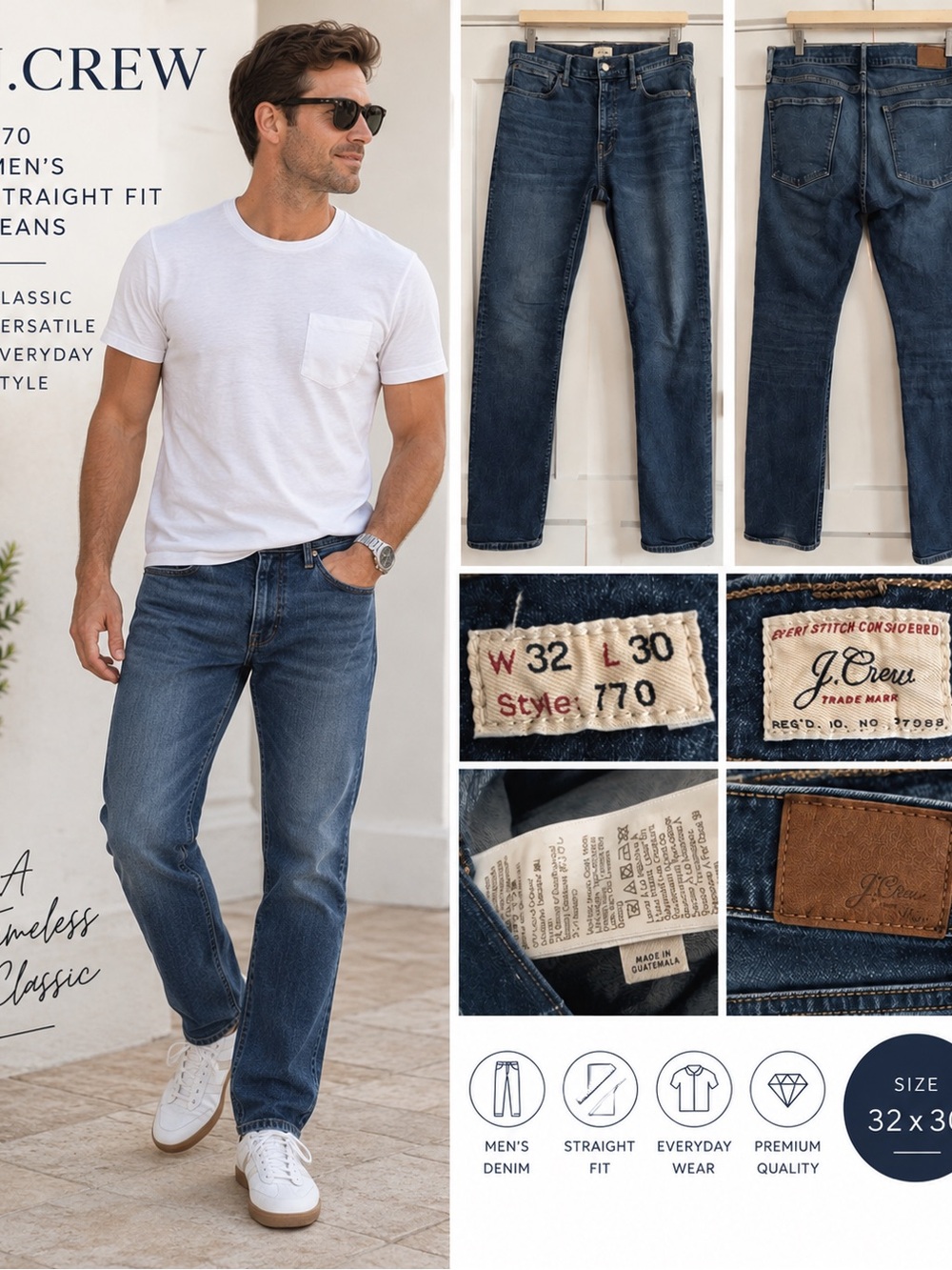 J.Crew + 770 + Men’s + Slim Straight Fit + Jeans + 32x30 + Blue Denim.